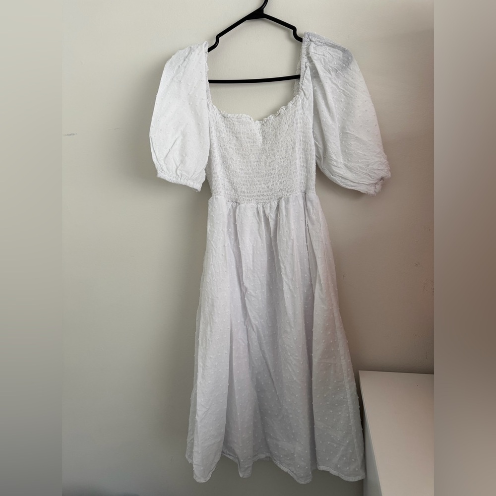 100% Cotton White Swiss Dot Puff Sleeve Midi Dress